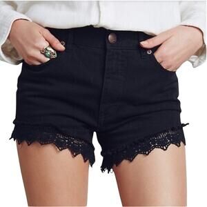 Free People Shorts Crochet Lace Trim Size 25 Black Denim Festival Boho Grunge